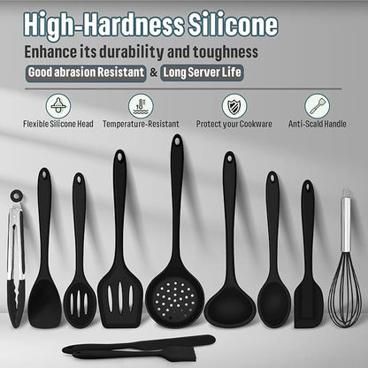 Silicone Kitchen Utensils Set, E-far 23 Pcs Black Cooking Utensils Tools with Holder for Nonstick Cookware, Include Spatula/Spoon/Ladle/Tongs/Turner, Heat Resistant & Nontoxic, Dishwasher Safe - Image 5