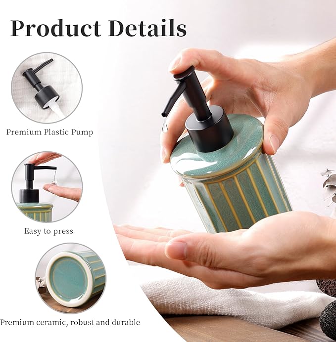 Soap Dispenser, Ceramic Liquid Hand Dish Soap Dispenser 11.84OZ, Hand Lotion Dispenser for Kitchen Bathroom Shower, Refillable, Dark Green, ANTIS'S HOME