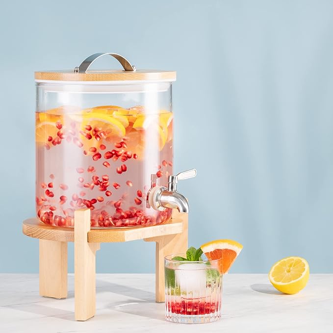 Navaris Beverage Dispenser with Stand - 1.3 Gallon (5L) Glass Drink Dispenser with Stainless Steel Spigot - Drinks Water Parties - Natural Beech Wood