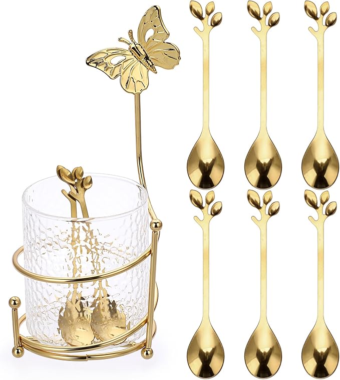 ELLDOO Coffee Spoon Set, Clear Glass Holder with 8 Stainless Steel Gold Leaf Coffee Spoons, Creative Flatware Set for Stirring, Mixing, Sugar, Ice Cream, Cake (8 x Spoons) by ELLDOO