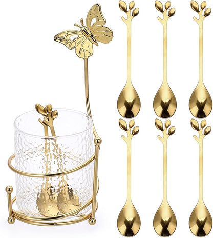 ELLDOO Coffee Spoon Set, Clear Glass Holder with 8 Stainless Steel Gold Leaf Coffee Spoons, Creative Flatware Set for Stirring, Mixing, Sugar, Ice Cream, Cake (8 x Spoons) by ELLDOO