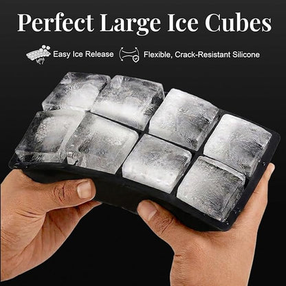 Large Silicone Ice Cube Tray - 3 Pack Trays for 8 Square Cubes with Large Bin, Scoop, Tong & 2 SS Straws - Easy Release Ice Mold for Whiskey, Cocktails, Coffee (Black) - Image 5