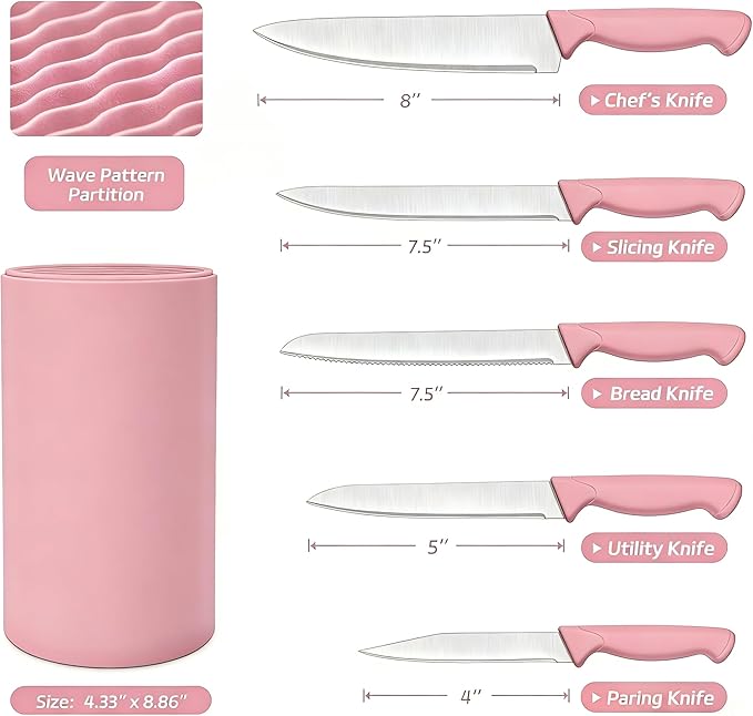 Knife Set, 6-Piece Kitchen Knife Set, German High Carbon Stainless Steel, Durable & Easy Clean Knife Block, Peach Pink - Image 2