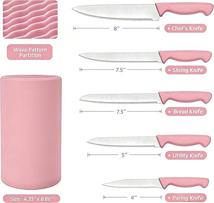Knife Set, 6-Piece Kitchen Knife Set, German High Carbon Stainless Steel, Durable & Easy Clean Knife Block, Peach Pink - Image 2