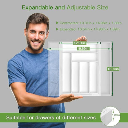Pipishell Bamboo Expandable Drawer Organizer for Utensils Holder, Adjustable Cutlery Tray, Wood Drawer Dividers Organizer for Silverware, Flatware, Knives in Kitchen, Bedroom, Living Room (White) - Image 3