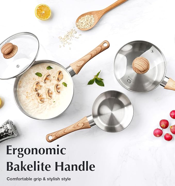 KOCH SYSTEME CS Stainless Steel Saucepan Set, 4-Piece Stainless Steel Sauce Pan with Cool-Touch Bakelite Handle, 1 QT & 2 QT Saucepan with Lid, Steel Pots Induction Ready - Image 4