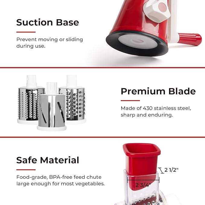 X Home Rotary Cheese Grater for Kitchen, Shredder with 3 Interchangeable Blades, Rotary Grater with Handle and Strong Suction Base, for Vegetables, Fruit, Nuts, Easy to Use and Clean, Red - Image 5