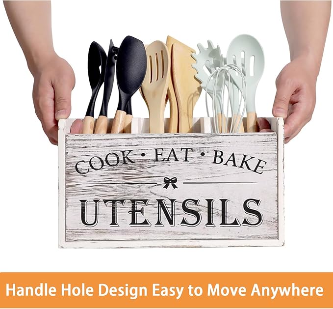 Utensil Holder,Wooden Utensil Holder for Kitchen Counter, Cooking Utensil Organizer with 3 Compartments,Utensil Crock for Silverware Spoon Spatula - Image 7