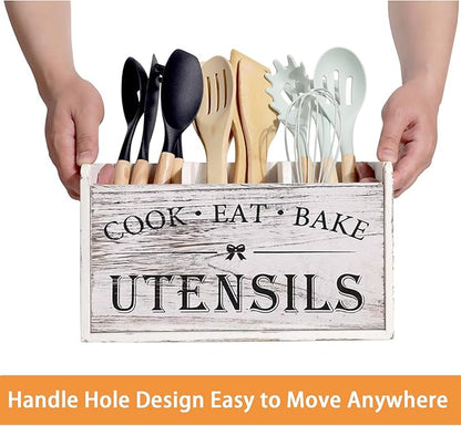 Utensil Holder,Wooden Utensil Holder for Kitchen Counter, Cooking Utensil Organizer with 3 Compartments,Utensil Crock for Silverware Spoon Spatula - Image 7