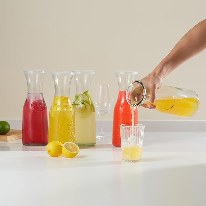 KooK Glass Carafe, Mimosa Bar Supplies, Carafe Pitchers with Lid, Set of 3, Glass Water Pitcher, Drink Dispensers for Parties, Tea, Wine, and Juice, Plastic Lids, Dishwasher Safe, 35 oz - Image 2