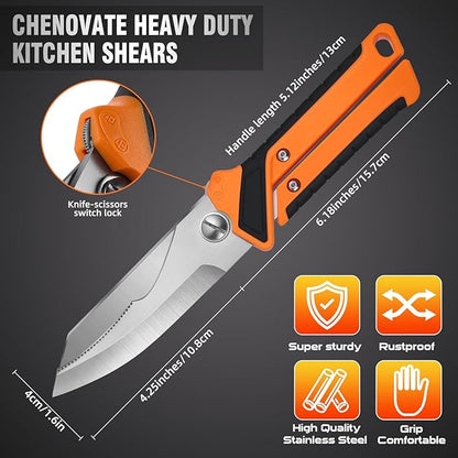 Chenovate® Heavy Duty Kitchen Scissors,Kitchen Shears with Knife & Scissor Switch Lock,Food Scissors Fit for Poultry Bones,Turkey,Meat Cutting,Veggies,Fish,Pizza(black)