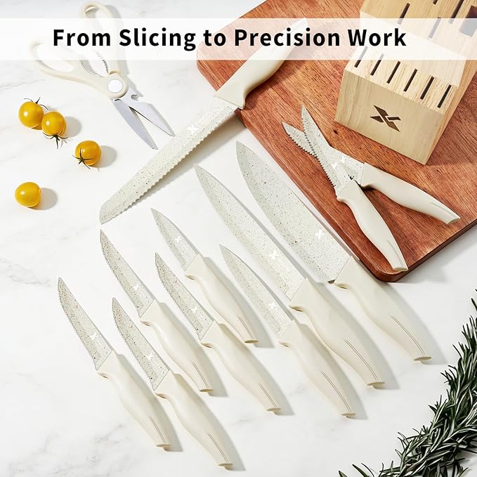 XANAPON Knife Set, Dishwasher Safe Kitchen Knife Set, CreamWhite Ergonomic Handle and Ceramic-Coated Blades, Built-in Sharpener Block, Sturdy German Stainless Steel - Image 4