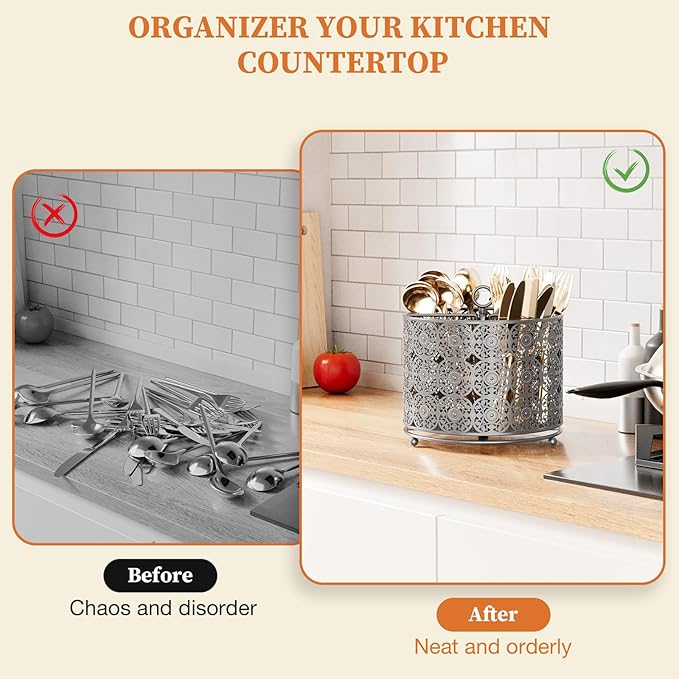 YIUKEA Rotating Utensil Caddy Countertop - Higher Raised Cutlery Caddy Holder - Metal Silverware Caddy Organizer with 4 Compartment for Kitchen Counter Party Office Silver - Image 6
