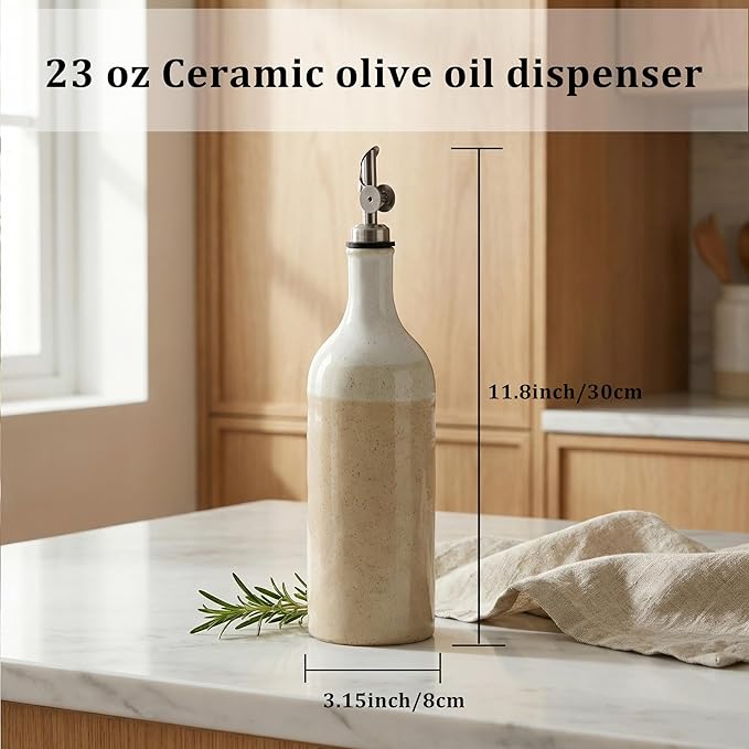 Olive Oil Dispenser Bottle for Kitchen, 23 Oz Ceramic Oil Dispenser with Gravity Spout for Olive Oil, Evoo, Vinegar, Soy Sauce, Coffee Syrups, Oil(Brown)
