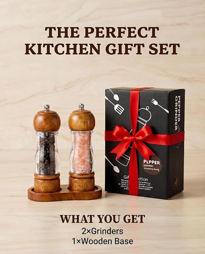 Wooden Salt and Pepper Grinder Set with Tray - 6.3 Inch Refillable Manual Pepper Mill & Sea Salt Grinder, Acrylic Window, Adjustable Ceramic Rotor for Peppercorns, House Warming Gifts - Image 7