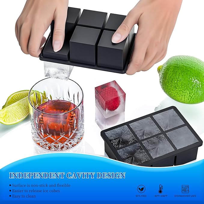 Large Ice Cube Tray for Whiskey 3 Pack, HANCELANT Big Silicone Square Ice Cube Mold with Removable Lid, 2'' Huge Square Ice Cubed Tray for Whisky and Cocktail - Image 2