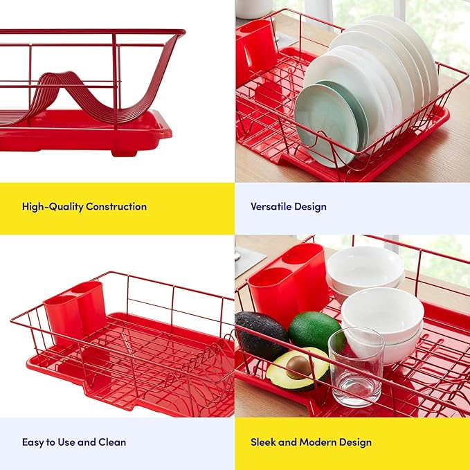 Sweet Home Collection Space-Saving 3-Piece Dish Drainer Rack Set: Efficient Kitchen Organizer for Quick Drying and Storage - Includes Cutlery Holder and Drainboard - Maximize Countertop Space, Red - Image 8