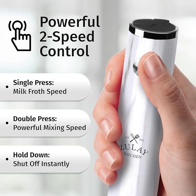 Zulay Kitchen Rechargeable Milk Frother Handheld Lux - Powerful 2-Speed Motor, Waterproof, 2000mAh Battery - Drink Mixer for Latte, Cappuccino, Matcha & Protein Powder - White Marble - Image 4
