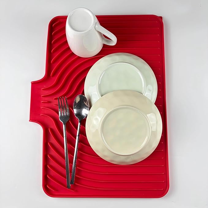 Dish Drying Mat for Kitchen Counter, with Built-in Drain Lip, Food-Grade Silicone, Easy Clean Pad for Countertop Protection, Multi-Functional Use (18x11.8, Red) - Image 3
