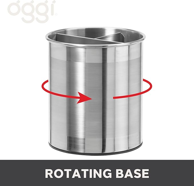 Oggi Jumbo Stainless Steel Rotating Utensil Holder with Removable Divider - Stylish kitchen cooking utensil organizer. Height 7.5". - Image 4