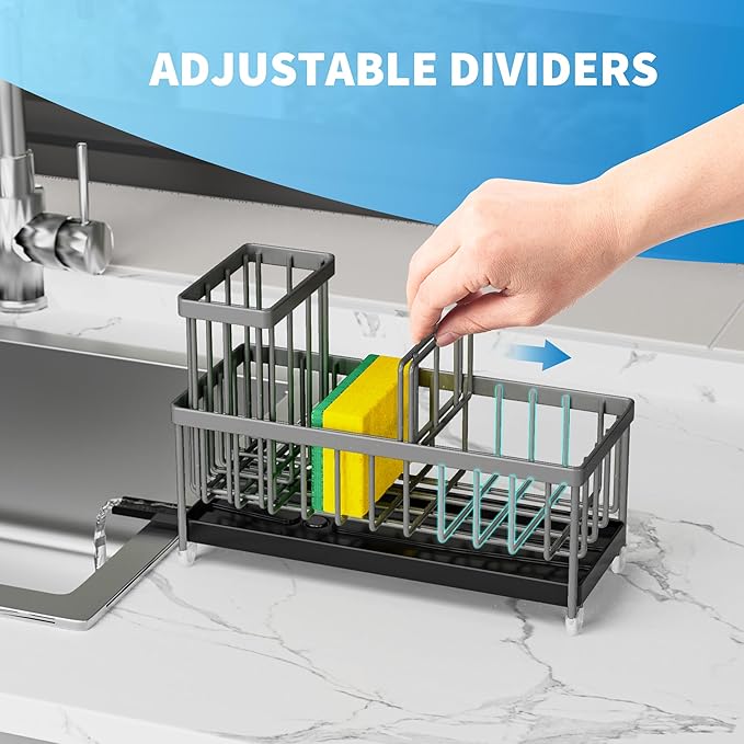 Cisily Sponge Holder for Kitchen Sink, Sink Caddy Organizer with High Brush Holder, Kitchen Countertop Organizers and Storage Essentials, Rustproof 304 Stainless Steel (Dark Grey, 9.25″) - Image 2