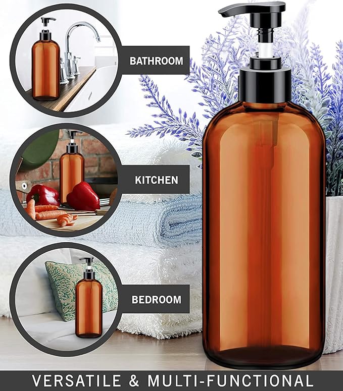 Soap Dispenser with Rust Proof Pump, Waterproof Labels (2 Pack,16 Oz) Bathroom, Plastic Hand Dish Soap Dispenser for Kitchen, Premium Thick Soap Pump Bottles (Amber) - Image 5