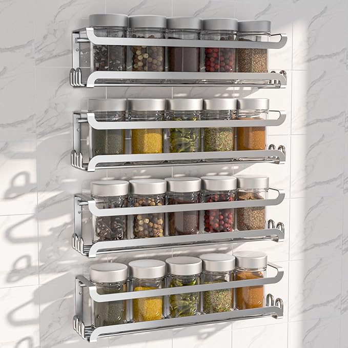 LUCYCAZ 4 Pack Wall Mounted Spice Rack with 16 Hooks, Spice Organizer Shelf for Stove Cabinet Pantry Door,Screw or Adhesive Spice Shelf Hanging Wall Spice Rack in Kitchen and RV (Silver, 4 PACK) by LUCYCAZ