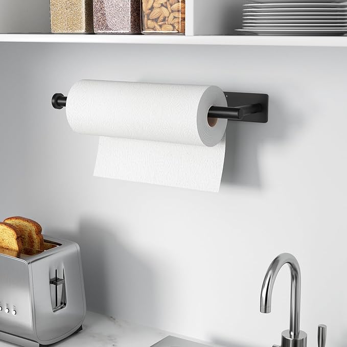 Paper Towel Holder - Self-Adhesive or Drilling, Matte Black Wall Mounted Rack - SUS304 Stainless Steel Kitchen Roll Holder Under Cabinet (2 Pack) - Image 7