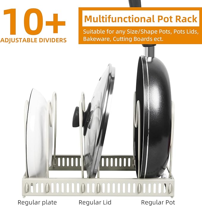 ROOHUA Pot Rack - Expandable Pot & Pan Organizer for Cabinet, 10 Adjustable Compartments (Apricot, 10) - Image 3