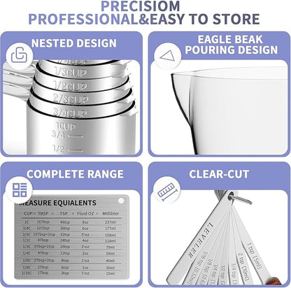 Stainless Steel Measuring Cups and Spoons Set, 6 Stainless Steel Measuring Cups, 7 Measuring Spoons & 1 Leveler, 3 Plastic Measuring Cup with 1 Measuring Conversion Chart - Image 6