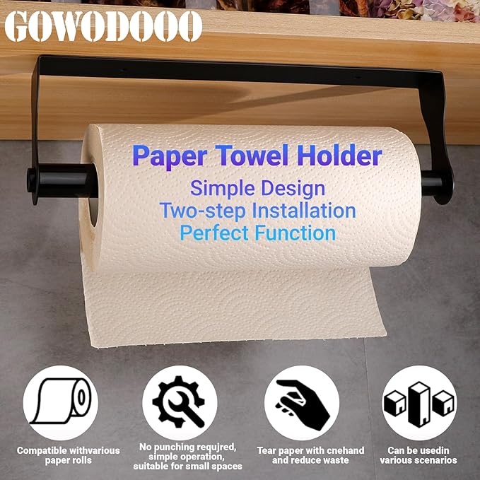 Paper Towel Holder Under Cabinet,Black Stainless Steel Under Counter Wall Mount,Paper Towel Holder,Waterproof and Rustproof Self-Adhesive Kitchen Roll Rack for Kitchen/Living Room/Bathroom