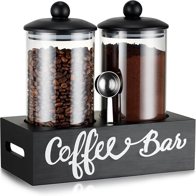 Yangbaga Glass Sugar Coffee Canister for Ground Coffee,2×55OZ Coffee Containers with Handle Shelf Coffee Bar Station Accessories Organizer Decor,Food Storage Jars with Iron Scoop for Kitchen by Hanber