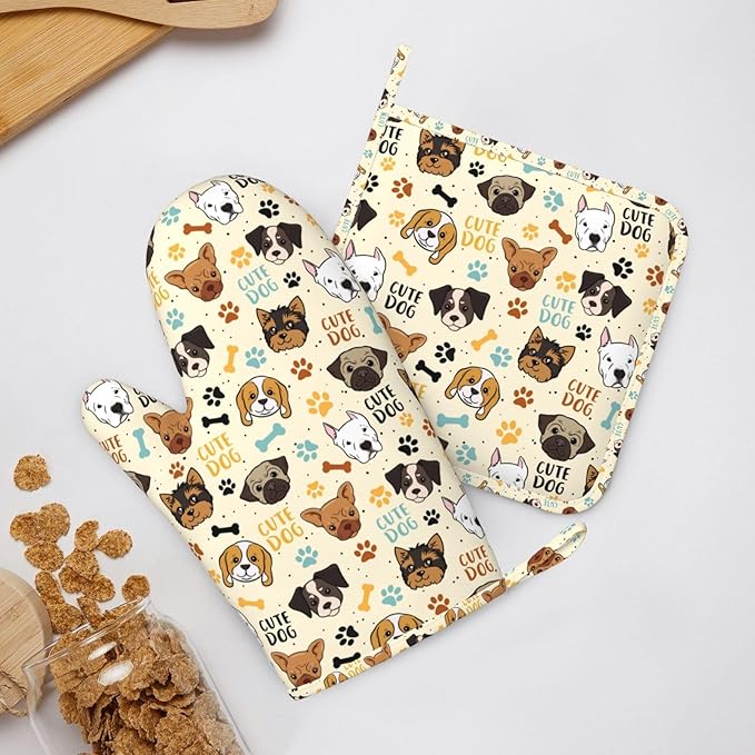 Cute Dog Oven Mitts and Pot Holders Set - Heat Resistant (500°F) Non-Slip Silicone Kitchen Gloves for Cooking, Baking, Grilling & BBQ - Kitchen Accessories for Women/Men, Gift Idea