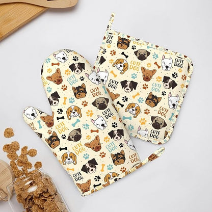 Cute Dog Oven Mitts and Pot Holders Set - Heat Resistant (500°F) Non-Slip Silicone Kitchen Gloves for Cooking, Baking, Grilling & BBQ - Kitchen Accessories for Women/Men, Gift Idea