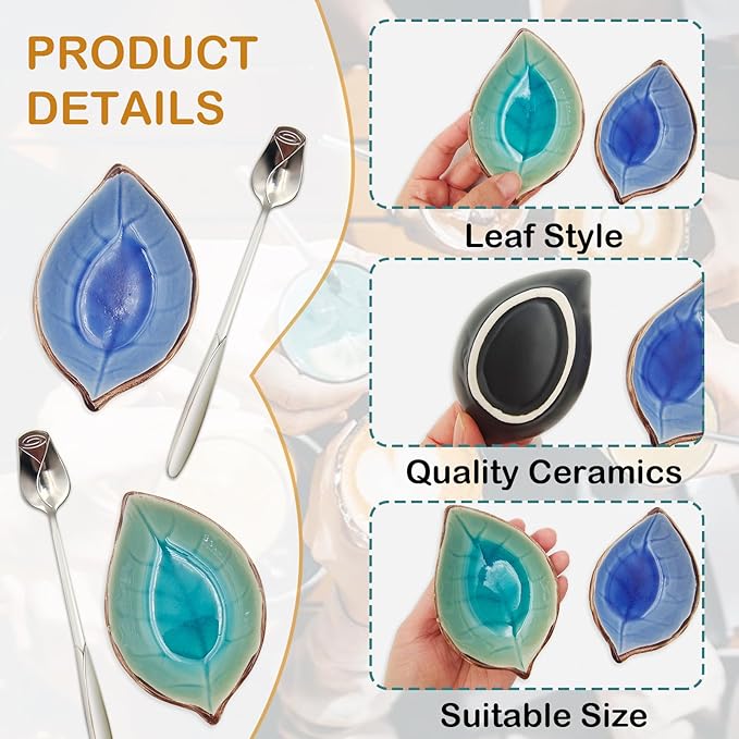 2 Pack Coffee Spoon and Leaf Rest Set, Ice Cracks Leaf Ladle Holder, Tea Spoon Rest for Kitchen Counter, Dining Table, Coffee Bar Teaspoon Rest with Spoon (Lake blue and Sapphire) - Image 3