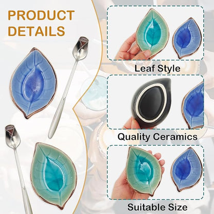 2 Pack Coffee Spoon and Leaf Rest Set, Ice Cracks Leaf Ladle Holder, Tea Spoon Rest for Kitchen Counter, Dining Table, Coffee Bar Teaspoon Rest with Spoon (Lake blue and Sapphire) - Image 3