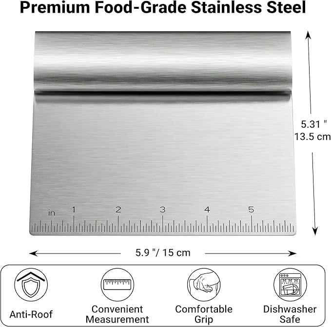 Bench Scraper Kitchen & Dough Scraper Tool - Stainless Steel Multi-Purpose Scraper & Chopper with Laser-Etched Metric Scale - Heavy Duty Pastry Cutter & Griddle Tool for Bread, Pizza & Baking - Image 4