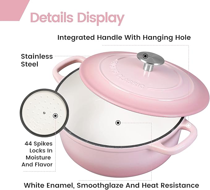EDGING CASTING Enameled Cast Iron Covered 5.5 Quart Dutch Oven with Dual Handle, Dutch Ovens with Lid for Bread Baking, Pink - Image 5