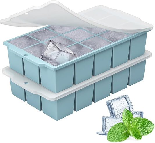 Silicone Ice Cube Tray with Locks Lids, Easy Release Flexible 15 Square Ice Trays for Freezer, Stackable & Reusable Ice Cube Mold for Whiskey, Cocktails, Baby Food, BPA Free, 2 Pack (Blue)