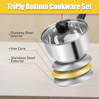 Stainless Steel Pot Set with Lid 6pcs,Sauce Pans 1QT & 2QT & 3QT Set,Triply Bottom Stainless Steel Pot Set - Image 4