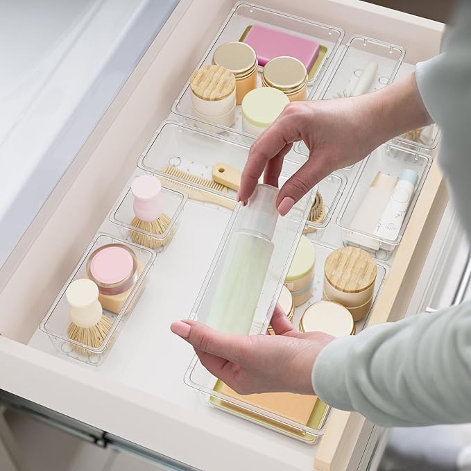 SpaceHacks 15 PCS Clear Plastic Drawer Organizer Set, 4-Size Acrylic Drawer Storage Trays, Storage Bins for Makeup, Gadgets, and Jewelry in Bathroom, Bedroom and Office, Clear - Image 2