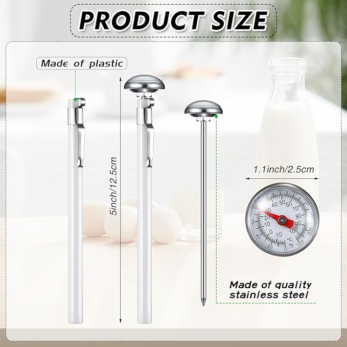 Xuhal 6 Pcs Stainless Steel Kitchen Thermometer with 5 Inch Long Stem 1 Inch Dial Thermometer Milk Frothing Food for Oven Probe Meat Grill BBQ Cooking Chocolate Water(White) - Image 2
