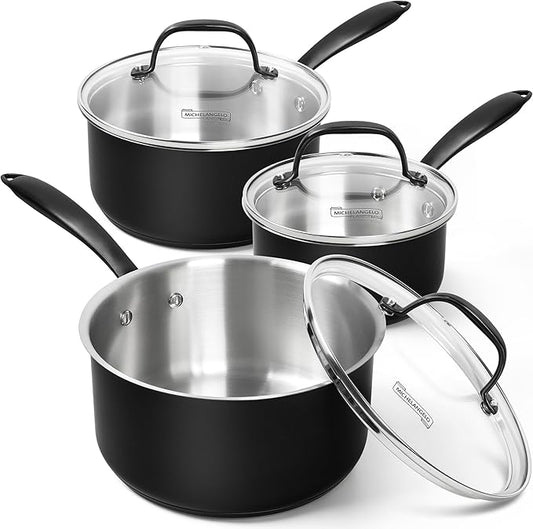 MICHELANGELO Stainless Steel Saucepan Set, Triply-Base Sauce Pan with Lids, Stainless Steel Sauce Pot for All Stoves, Induction Compatible, Oven Safe - 1QT & 2QT & 3QT by Michelangelo