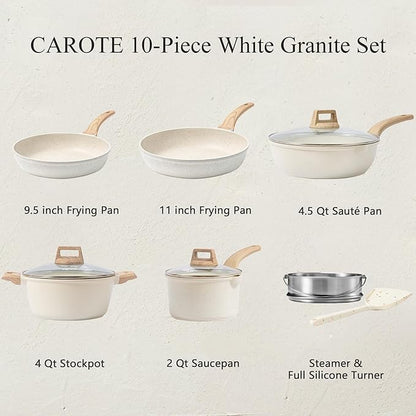 CAROTE Pots and Pans Set Nonstick, White Granite Induction Kitchen Cookware Set, 10 Pcs Non Stick Cooking Set w/Frying Pans & Saucepans(PFOS, PFOA Free) - Image 2