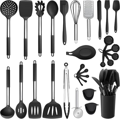 Silicone Kitchen Utensils Set, E-far 30-Piece Cooking Utensils Set with Holder, Heat Resistant Kitchen Spatulas Turner Tong Spoon Whisk Ladle for Nonstick Cookware, Stainless Steel Handle (Black) by E-far