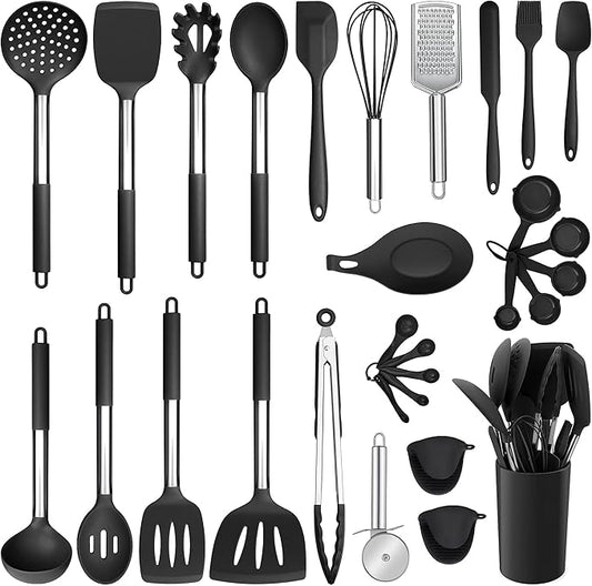 Silicone Kitchen Utensils Set, E-far 30-Piece Cooking Utensils Set with Holder, Heat Resistant Kitchen Spatulas Turner Tong Spoon Whisk Ladle for Nonstick Cookware, Stainless Steel Handle (Black) by E-far