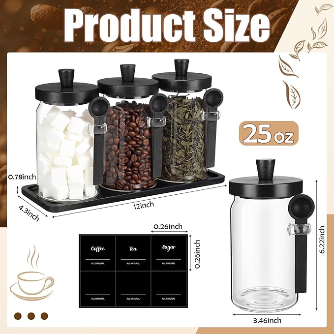 Suclain 3 Pcs Glass Coffee Container with Wooden Lid Spoon Shelf Labels Clear Airtight Jar Food Storage Canister Set for Sugar Spice Coffee Bean Holder Housewarming Gift(25 oz,Black Bamboo) - Image 2