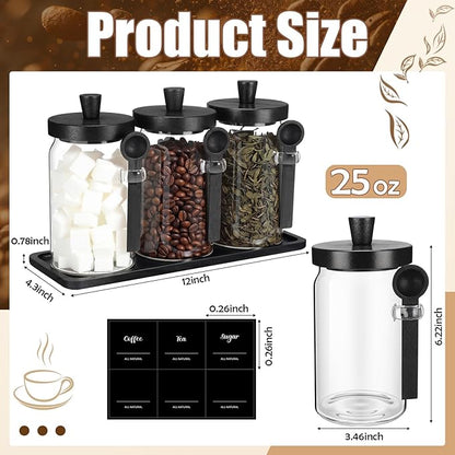 Suclain 3 Pcs Glass Coffee Container with Wooden Lid Spoon Shelf Labels Clear Airtight Jar Food Storage Canister Set for Sugar Spice Coffee Bean Holder Housewarming Gift(25 oz,Black Bamboo) - Image 2