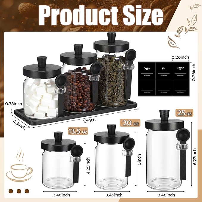 Suclain 3 Pcs Glass Coffee Container with Wooden Lid Spoon Shelf Labels Clear Airtight Jar Food Storage Canister Set for Sugar Spice Coffee Bean Holder Housewarming Gift (13.5,20,25 oz,Black Bamboo) - Image 2
