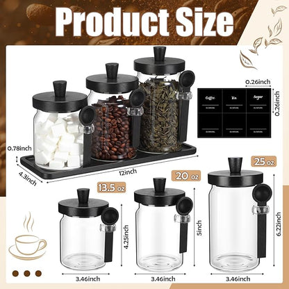 Suclain 3 Pcs Glass Coffee Container with Wooden Lid Spoon Shelf Labels Clear Airtight Jar Food Storage Canister Set for Sugar Spice Coffee Bean Holder Housewarming Gift (13.5,20,25 oz,Black Bamboo) - Image 2